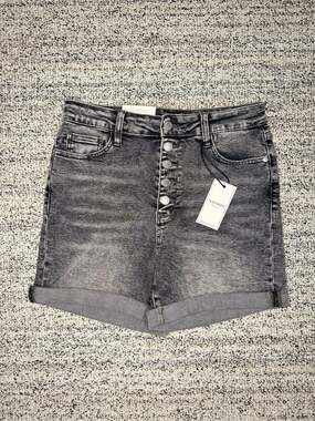 Judy Blue NWT Grey High Rise Button Fly Cuffed Denim Shorts JB150231 GR L